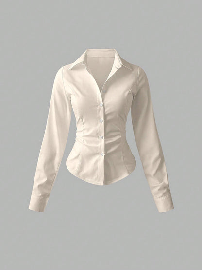 Sweetra Women's Casual Commuter Solid Color Fitted Shirt Fall Cloth For Women