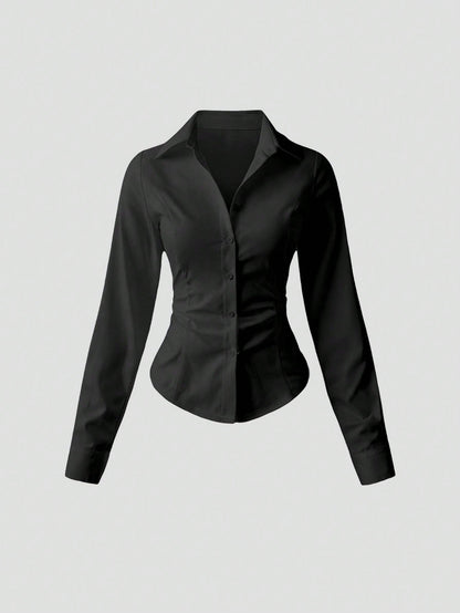 Sweetra Women's Casual Commuter Solid Color Fitted Shirt Fall Cloth For Women