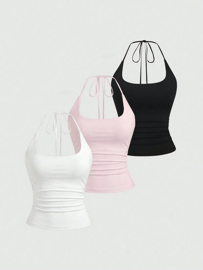 Sweetra Women's European And American Fashion Casual New Summer, Slim Fit Sexy Halter Backless Elegant Commute Casual Fitness Halter Top, 3-Pieces Set