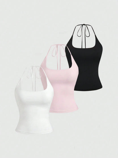 Sweetra Women's European And American Fashion Casual New Summer, Slim Fit Sexy Halter Backless Elegant Commute Casual Fitness Halter Top, 3-Pieces Set