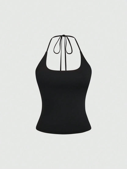 Sweetra Women's European And American Fashion Casual New Summer, Slim Fit Sexy Halter Backless Elegant Commute Casual Fitness Halter Top, 3-Pieces Set