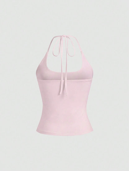 Sweetra Women's European And American Fashion Casual New Summer, Slim Fit Sexy Halter Backless Elegant Commute Casual Fitness Halter Top, 3-Pieces Set