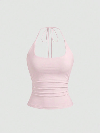 Sweetra Women's European And American Fashion Casual New Summer, Slim Fit Sexy Halter Backless Elegant Commute Casual Fitness Halter Top, 3-Pieces Set