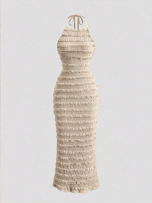Sweetra Women's Light Yellow Pleated Spaghetti Strap Lace Maxi Dress, Romantic Sexy Resort Style, Spring/Summer