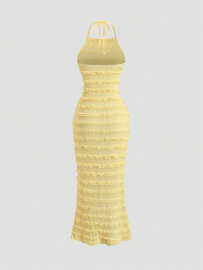 Sweetra Women's Light Yellow Pleated Spaghetti Strap Lace Maxi Dress, Romantic Sexy Resort Style, Spring/Summer