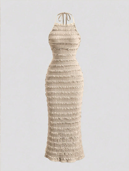 Sweetra Women's Light Yellow Pleated Spaghetti Strap Lace Maxi Dress, Romantic Sexy Resort Style, Spring/Summer