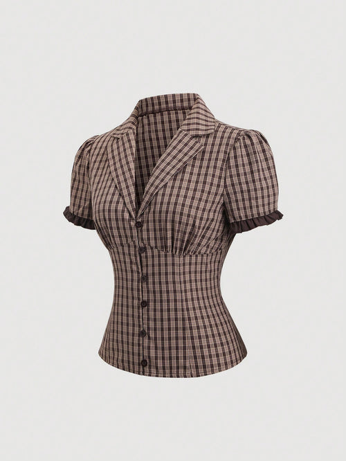 Sweetra Women's Plaid Short Puff Sleeve Single-Breasted Shirt, Spring/Summer