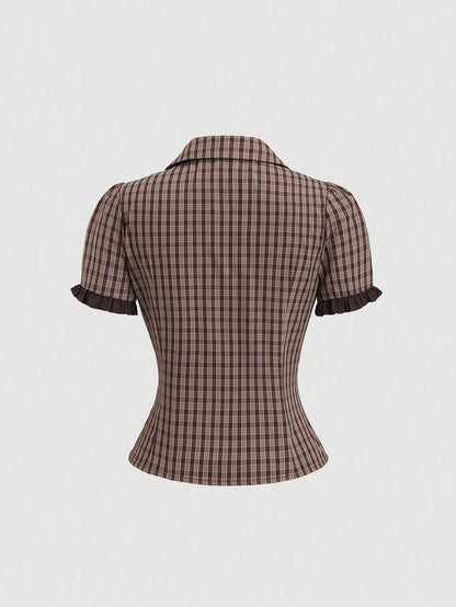 Sweetra Women's Plaid Short Puff Sleeve Single-Breasted Shirt, Spring/Summer