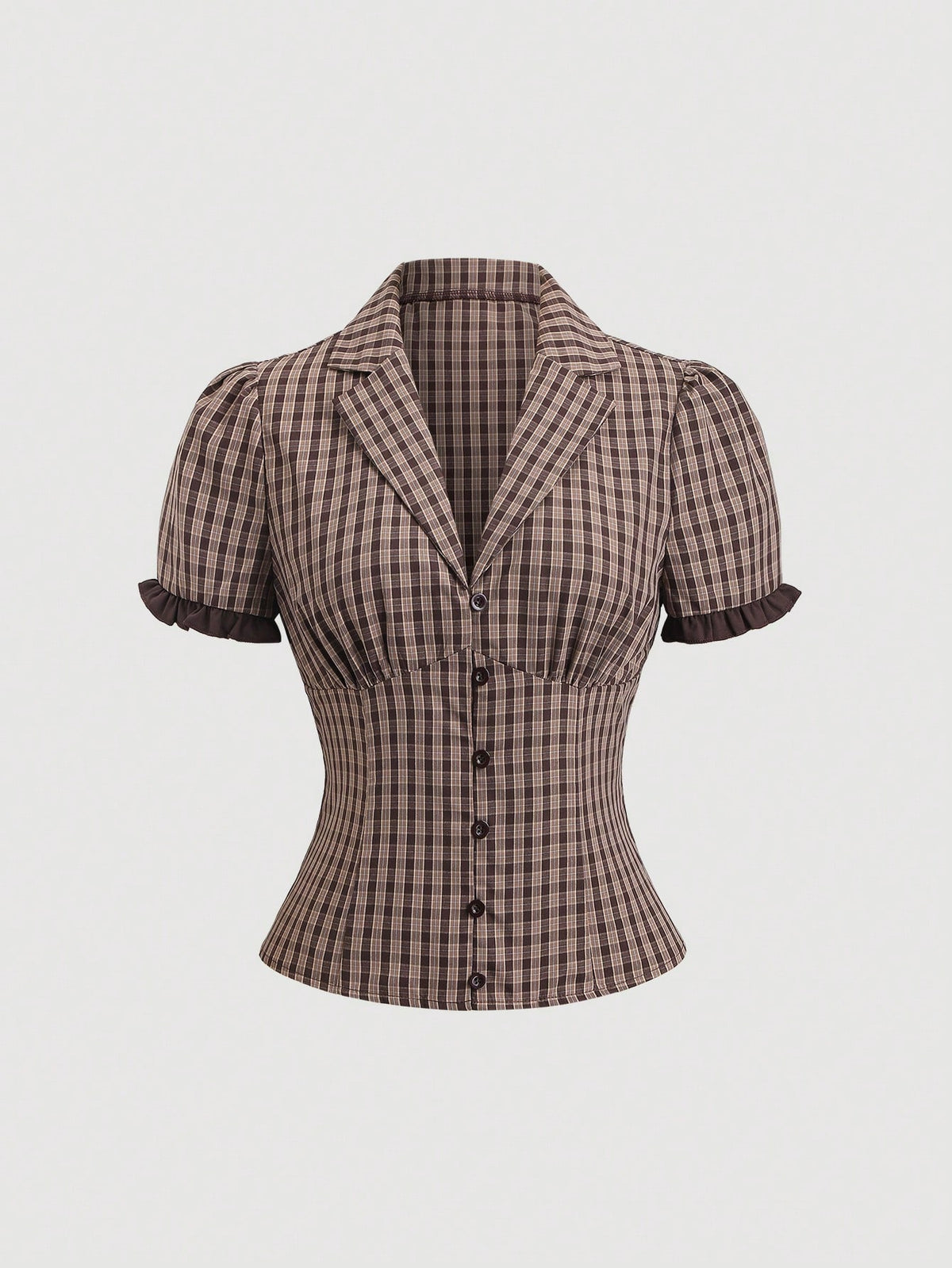 Sweetra Women's Plaid Short Puff Sleeve Single-Breasted Shirt, Spring/Summer