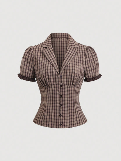 Sweetra Women's Plaid Short Puff Sleeve Single-Breasted Shirt, Spring/Summer
