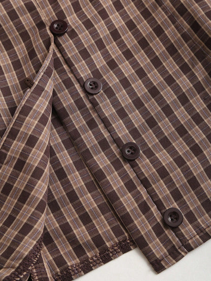 Sweetra Women's Plaid Short Puff Sleeve Single-Breasted Shirt, Spring/Summer