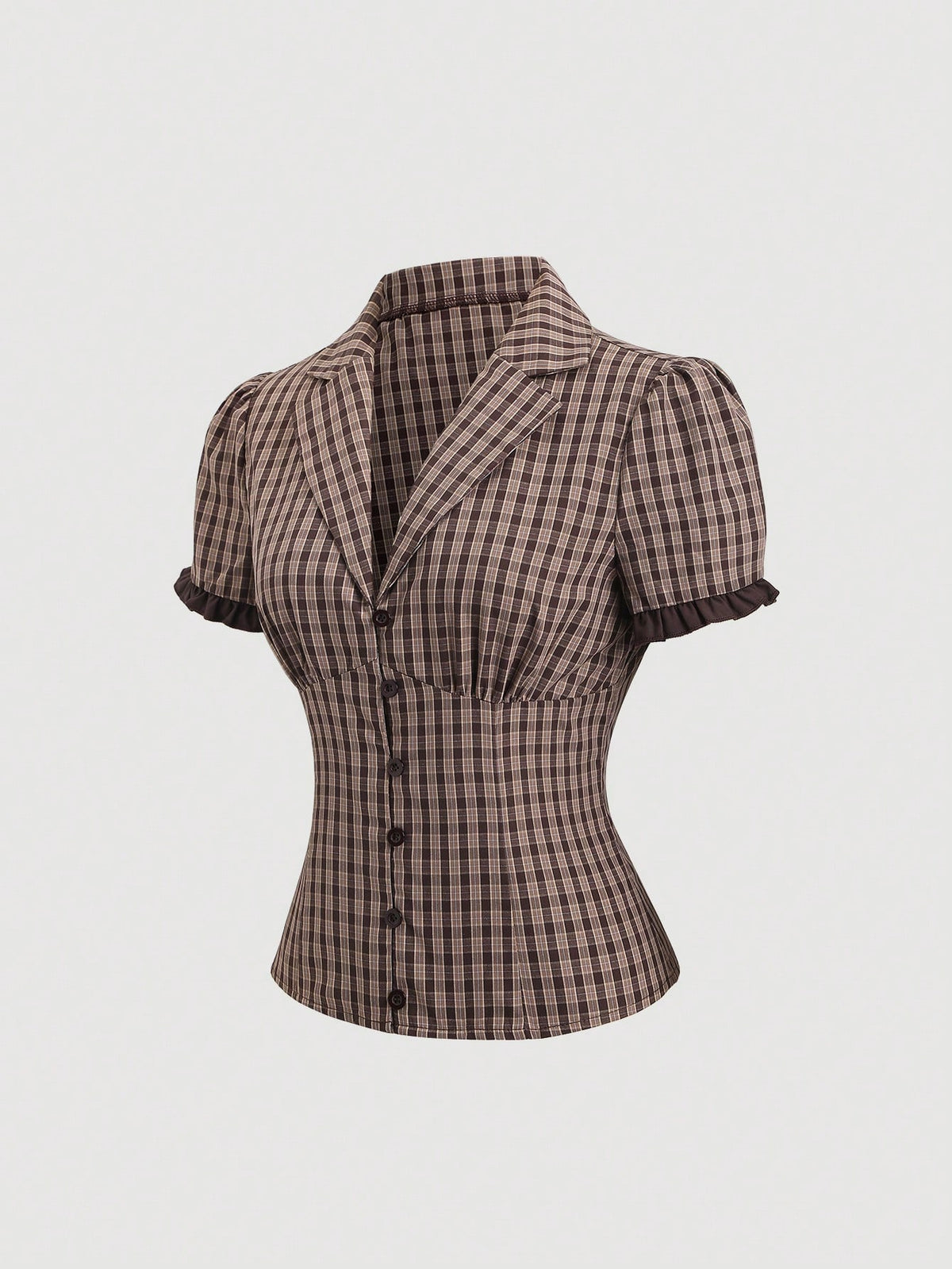 Sweetra Women's Plaid Short Puff Sleeve Single-Breasted Shirt, Spring/Summer