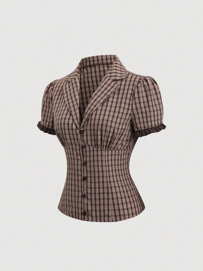 Sweetra Women's Plaid Short Puff Sleeve Single-Breasted Shirt, Spring/Summer
