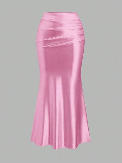 Sweetra Women's Solid Color Elegant Pleated Mermaid Skirt