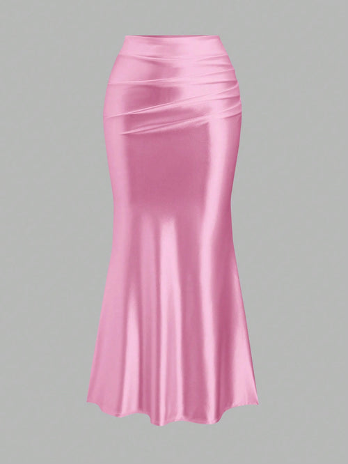 Sweetra Women's Solid Color Elegant Pleated Mermaid Skirt