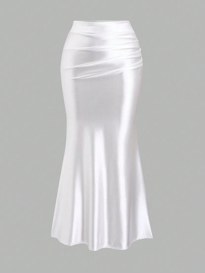 Sweetra Women's Solid Color Elegant Pleated Mermaid Skirt