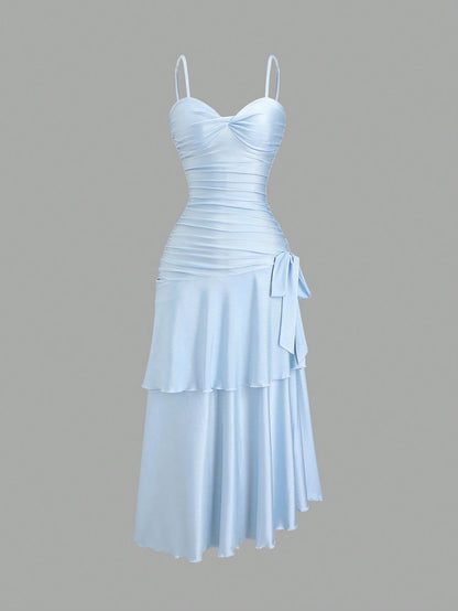 Sweetra Women's Summer Knit Spaghetti Strap Dress With Front Twist Detail And Tiered Hem, Maxi Length