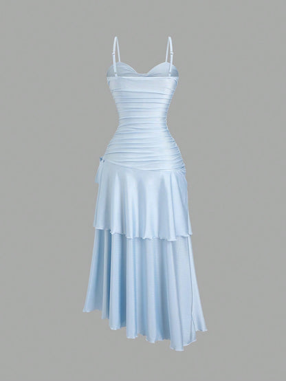 Sweetra Women's Summer Knit Spaghetti Strap Dress With Front Twist Detail And Tiered Hem, Maxi Length