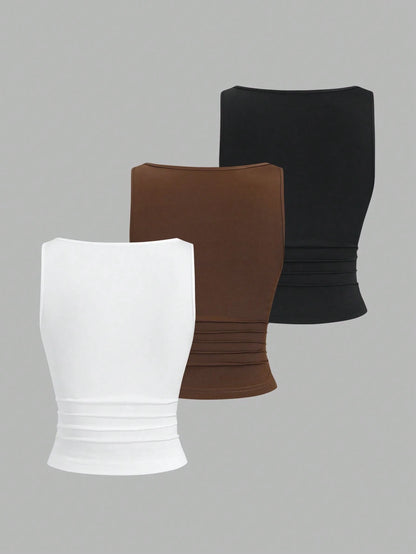 Sweetra Women Solid Color Pleated V-Neck Black, White, Brown Camisole Set