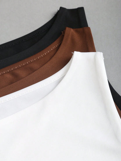 Sweetra Women Solid Color Pleated V-Neck Black, White, Brown Camisole Set