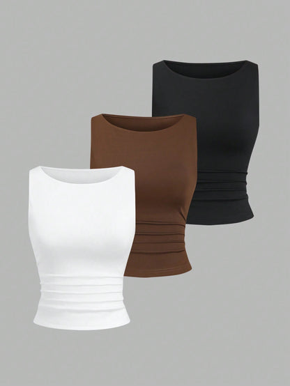 Sweetra Women Solid Color Pleated V-Neck Black, White, Brown Camisole Set