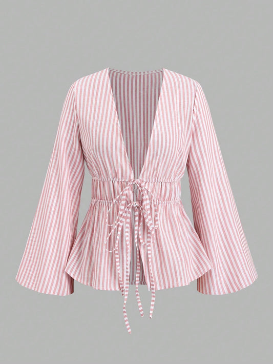 Sweetra Women Striped Long Sleeve Tie Front Loose Blouse Fall Cloth For Women