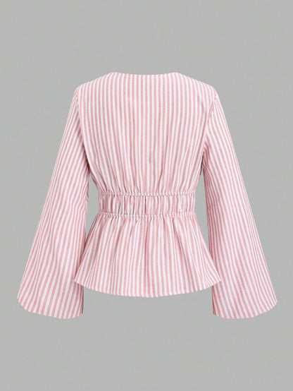 Sweetra Women Striped Long Sleeve Tie Front Loose Blouse Fall Cloth For Women