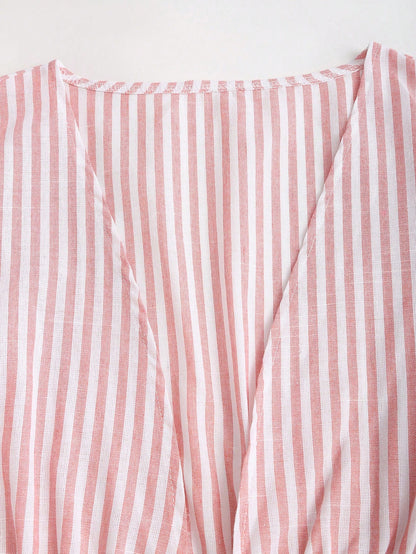 Sweetra Women Striped Long Sleeve Tie Front Loose Blouse Fall Cloth For Women