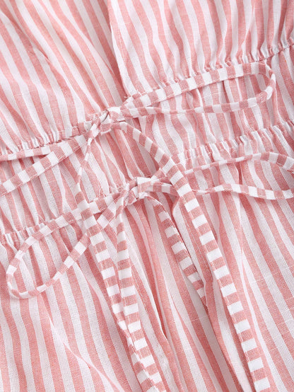 Sweetra Women Striped Long Sleeve Tie Front Loose Blouse Fall Cloth For Women