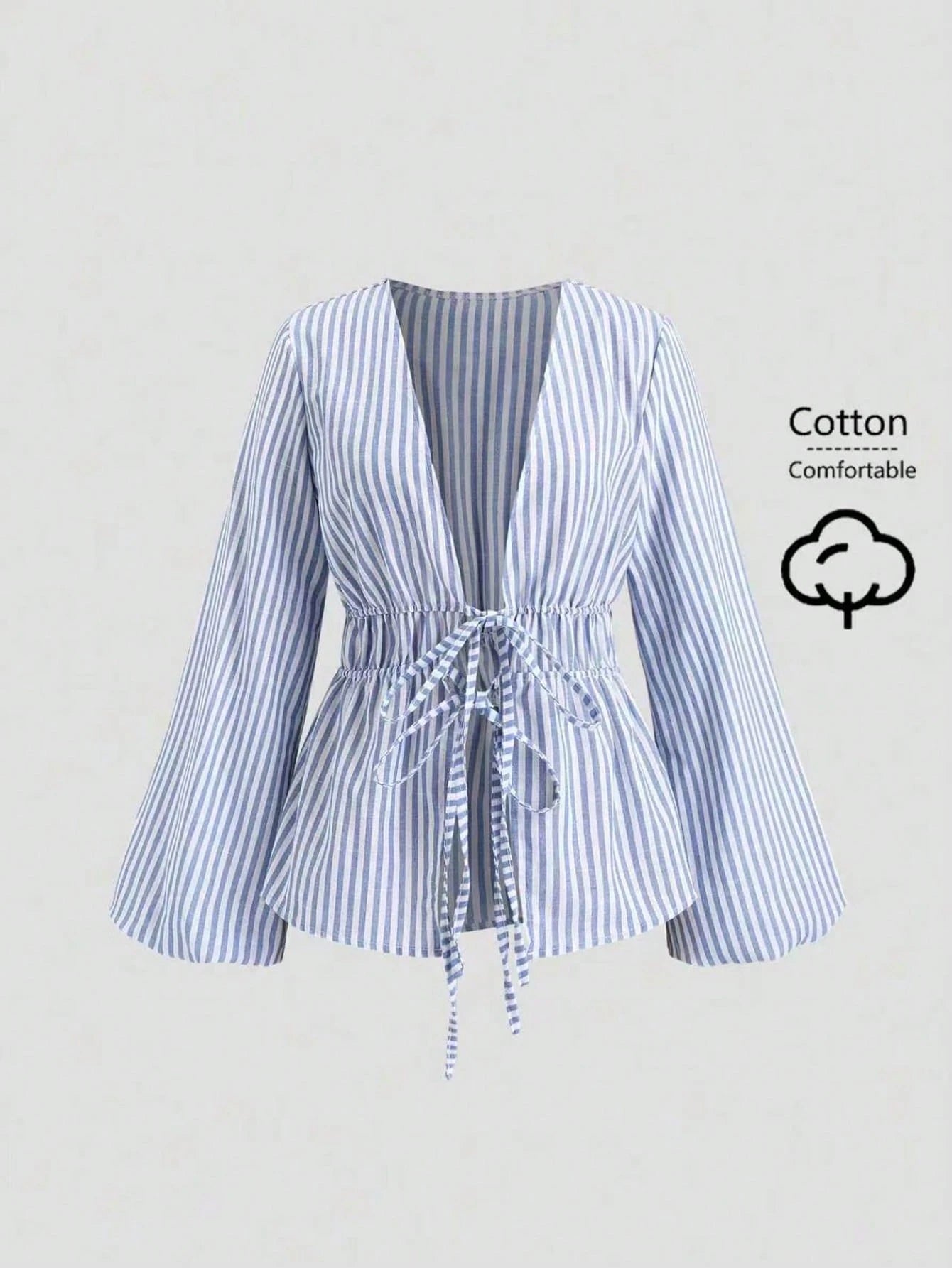 Sweetra Women Striped Long Sleeve Tie Front Loose Blouse Fall Cloth For Women