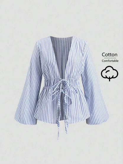 Sweetra Women Striped Long Sleeve Tie Front Loose Blouse Fall Cloth For Women