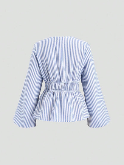 Sweetra Women Striped Long Sleeve Tie Front Loose Blouse Fall Cloth For Women