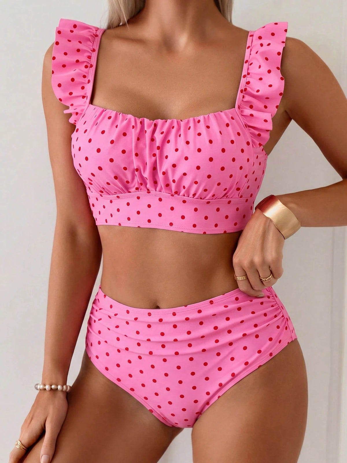 Swim Basics 2pcs Women's Pink Summer Cute Beach Party Holiday Holiday Polka Dot Ruffle Strap Pleated Front Top And High Waist Ruched Triangle Bottoms Bikini Set