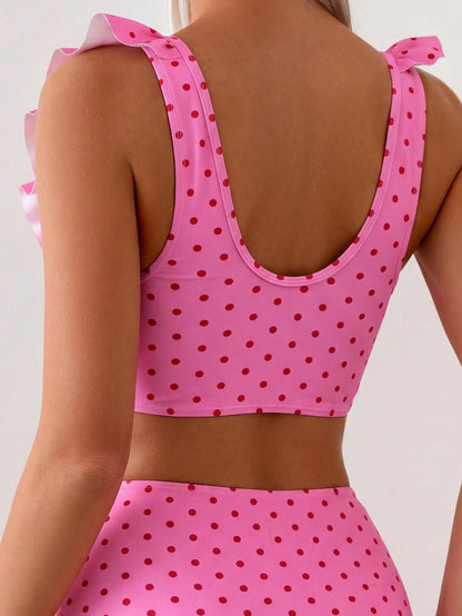 Swim Basics 2pcs Women's Pink Summer Cute Beach Party Holiday Holiday Polka Dot Ruffle Strap Pleated Front Top And High Waist Ruched Triangle Bottoms Bikini Set