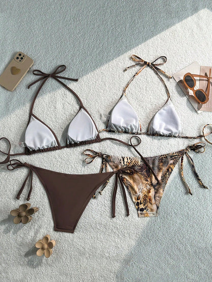 Swim Basics 4pcs Women's Brown Summer Casual Beach Bikini Set,Halter Tie Triangle Briefs Swimsuit,Holiday,Vacation,Holiday Bohemian Western Boho Swimwear