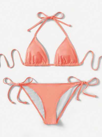 Swim Basics Solid Color Two-Piece Bikini Set With Straps For Beach Holidays, Summer Beach