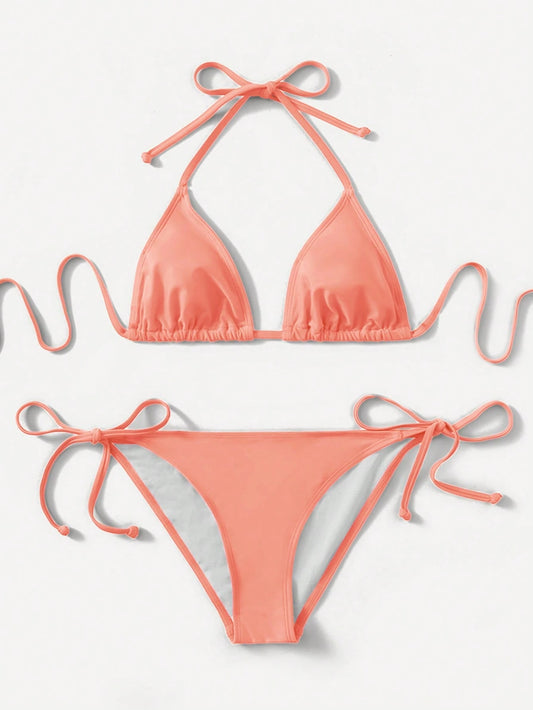 Swim Basics Solid Color Two-Piece Bikini Set With Straps For Beach Holidays, Summer Beach