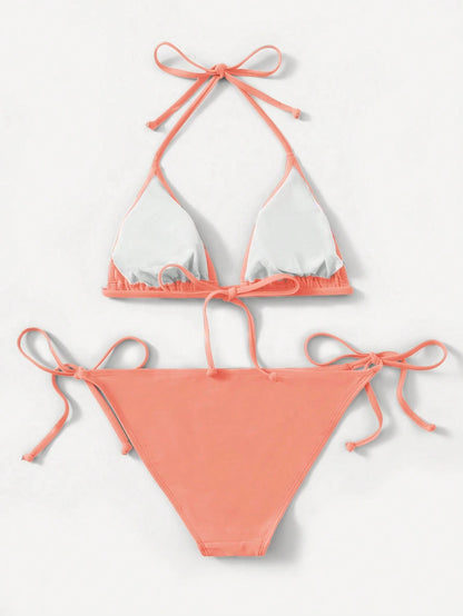 Swim Basics Solid Color Two-Piece Bikini Set With Straps For Beach Holidays, Summer Beach