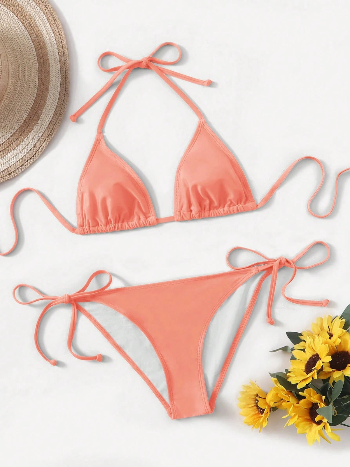 Swim Basics Solid Color Two-Piece Bikini Set With Straps For Beach Holidays, Summer Beach