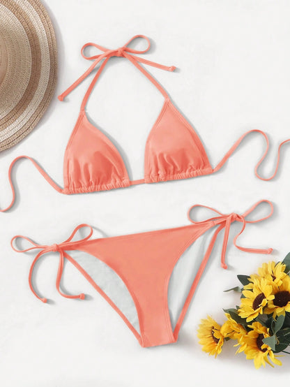 Swim Basics Solid Color Two-Piece Bikini Set With Straps For Beach Holidays, Summer Beach