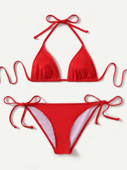 Swim Basics Solid Color Two-Piece Bikini Set With Straps For Beach Holidays, Summer Beach