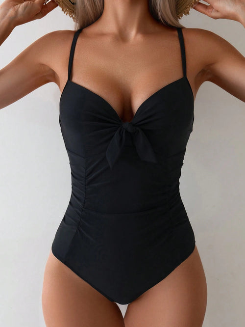 Swim Basics Summer Beach Women Vacation Solid Color Padded Ruched Front Knot One-Piece Swimsuit With Underwire Push Up