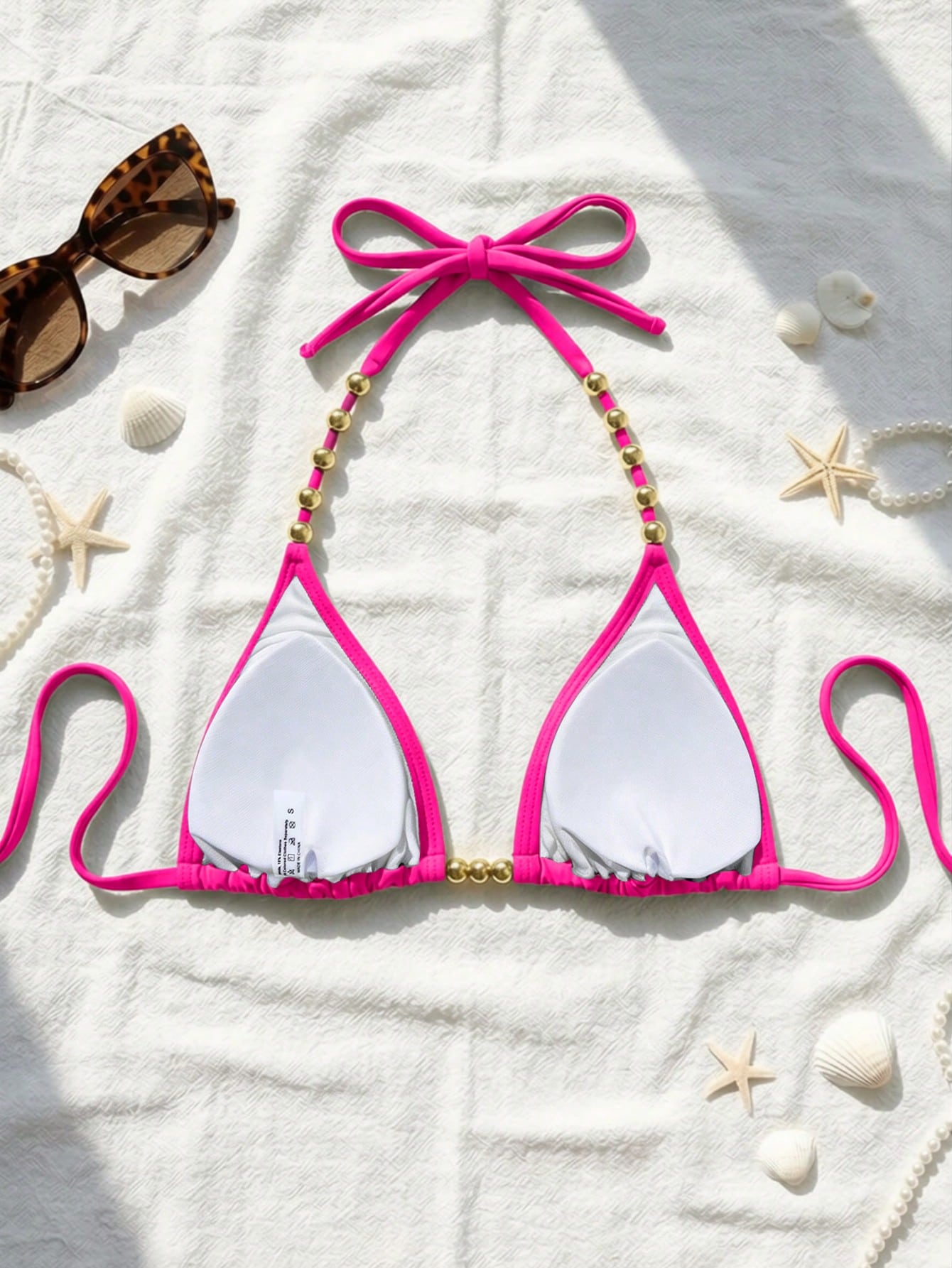 Swim Basics Women's Sexy Halter Tie-Up Gold Bead Accent Bikini Top, Summer New Arrival