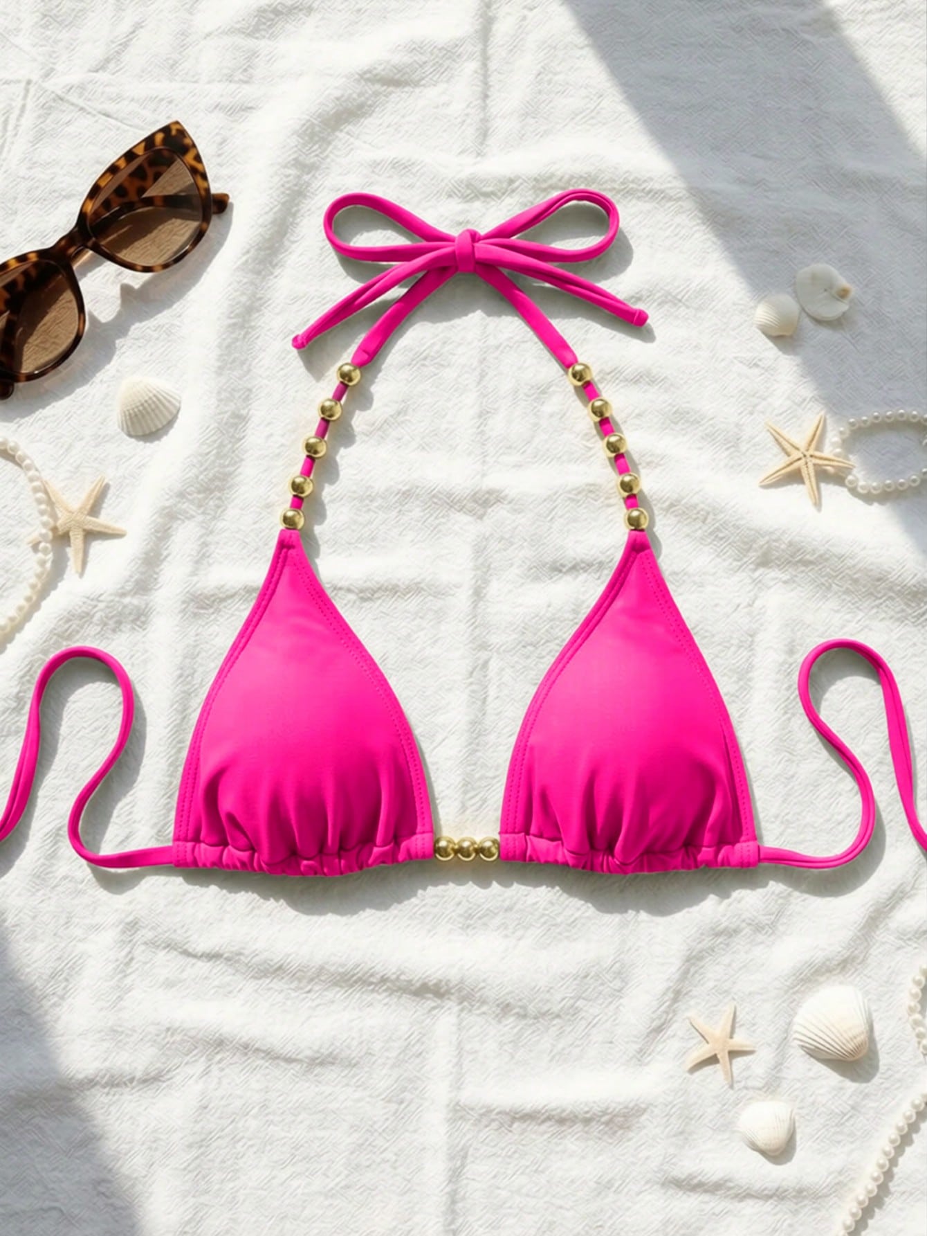 Swim Basics Women's Sexy Halter Tie-Up Gold Bead Accent Bikini Top, Summer New Arrival