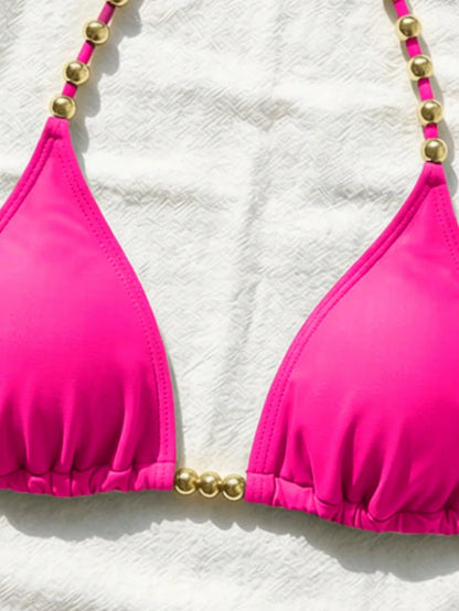 Swim Basics Women's Sexy Halter Tie-Up Gold Bead Accent Bikini Top, Summer New Arrival