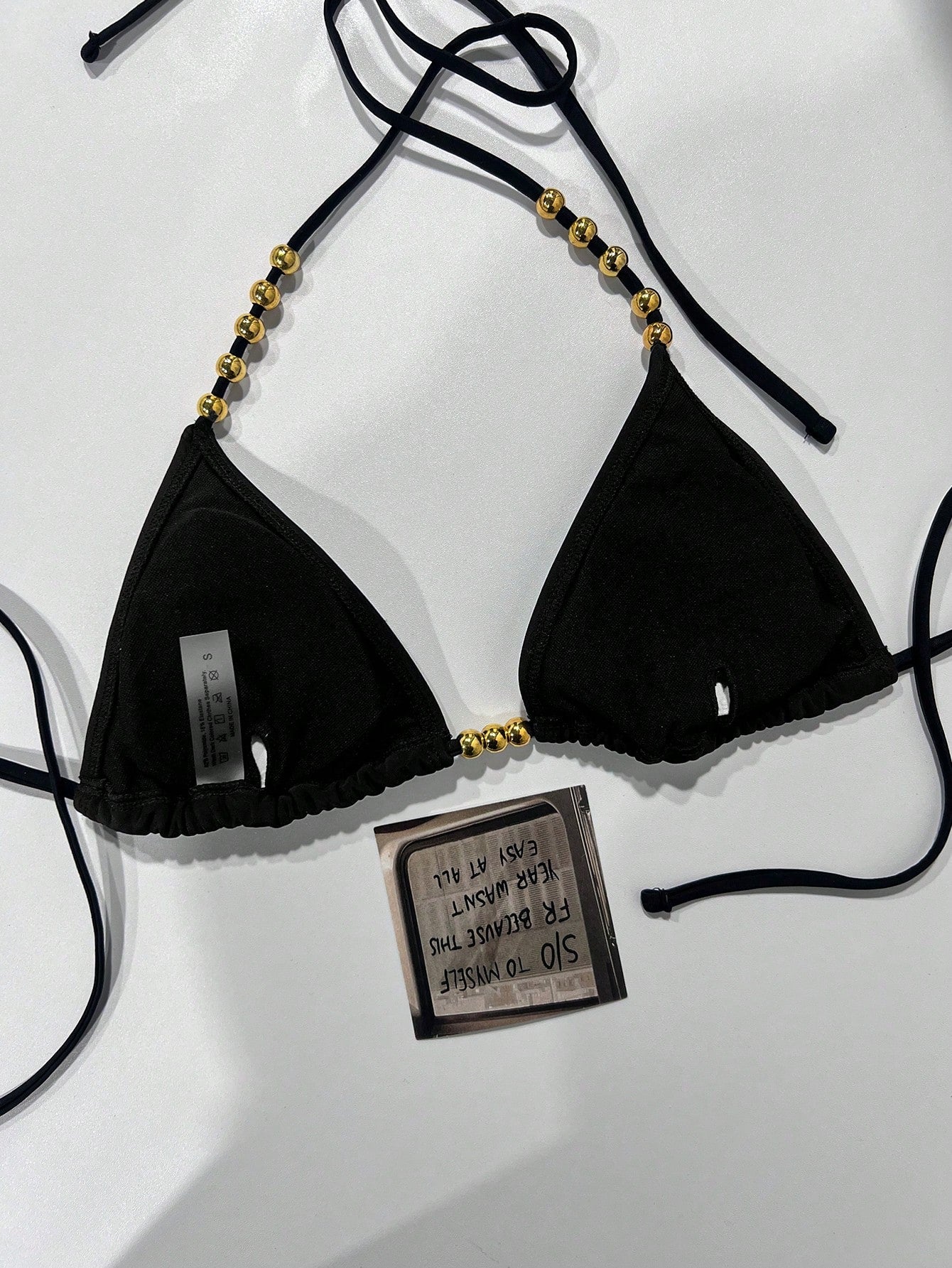 Swim Basics Women's Sexy Halter Tie-Up Gold Bead Accent Bikini Top, Summer New Arrival