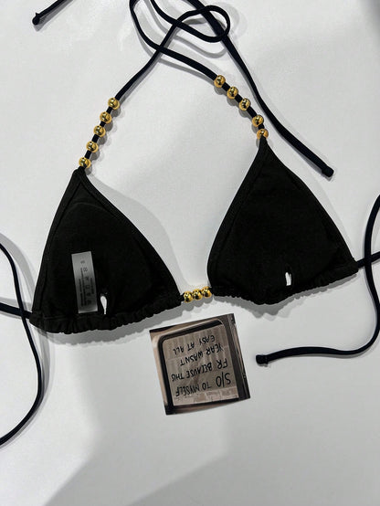 Swim Basics Women's Sexy Halter Tie-Up Gold Bead Accent Bikini Top, Summer New Arrival