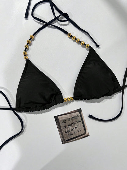 Swim Basics Women's Sexy Halter Tie-Up Gold Bead Accent Bikini Top, Summer New Arrival