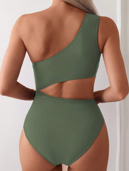 Swim Basics Women's Solid Color One-Shoulder Ruched Cutout One-Piece Swimsuit, Suitable For Beach Vacation, Pool Party, Beach Party