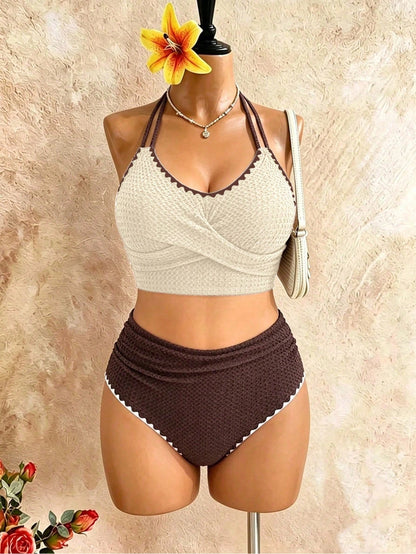 Swim Chiccia Plus Size Tank Bikini With Special Fabric And Floral Trim, European And American Elegant Sexy Series Swimsuit Beach Beige Summer